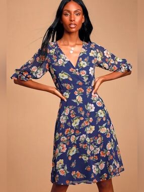 Lulus - Keara Navy Blue Floral Print Midi Dress